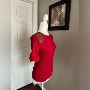 Ralph Lauren Cotton Ribbed Top Suede Shoulder Patch Sz M